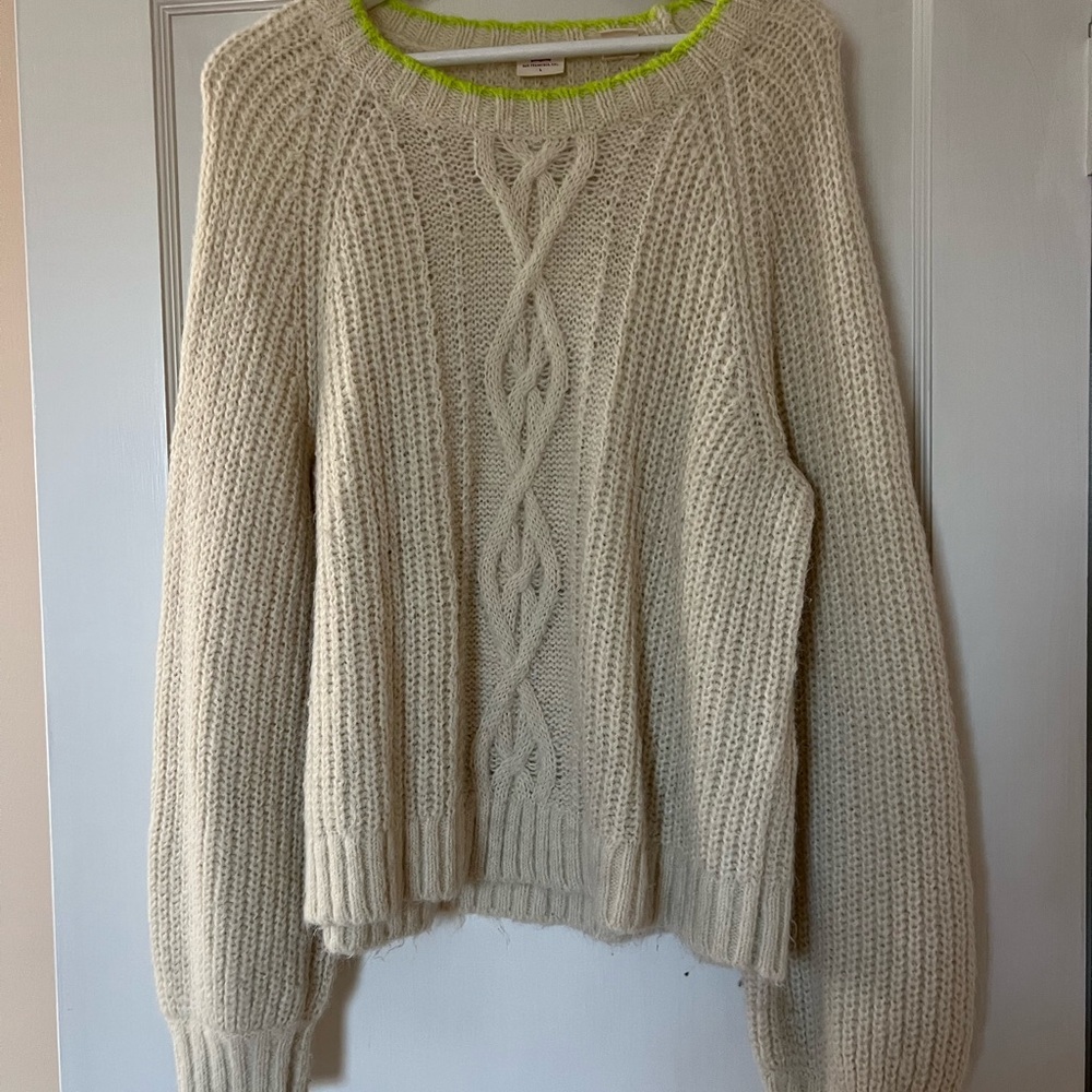 Cozy Cream Cable Knit Sweater with Neon Detail